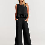 Zeagoo 2 Piece Outfits Sleeveless Ruffle Tank Crop Top and Wide Leg Pants Lounge Set with Pockets