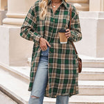 Zeagoo Plaid Longline Button-Up Shacket Lapel Neck Long Sleeve Shirt Pocket