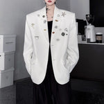 Metal Brooch-embellished Shoulder-padded Casual Blazer