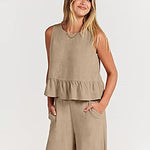 Zeagoo 2 Piece Outfits Sleeveless Ruffle Tank Crop Top and Wide Leg Pants Lounge Set with Pockets