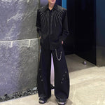 Lapel Loose Rhinestone Solid Color Shirt