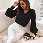 Zeagoo V Neck Crinkle Crepe Lantern Sleeves Shirt Top Button-Down Loose Blouse