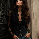 Noelia | Black blazer top with semi-sheer sleeves