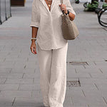 Two Piece Set Lapel Long-sleeved Shirt Casual Solid Color Wide-leg Pants Suit