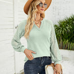 Zeagoo V Neck Tops Solid Color Blouse Long Sleeve Pullover Lace Patchwork Shirt