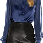 Womens V Neck Button Down Shirts Satin Silk Blouse Mesh Long Sleeve Casual Work Tops - Zeagoo (Us Only)