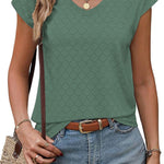 Zeagoo V Neck Eyelet T Shirts Cap Sleeve Tops