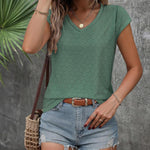 Zeagoo V Neck Eyelet T Shirts Cap Sleeve Tops
