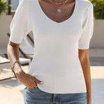 Zeagoo Puff Sleeve Tops Sweater V Neck Short Sleeve Shirts