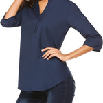 Women's Business Casual V Neck Cuffed Sleeves Work Blouse Top - Zeagoo (Us Only)