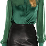 Womens V Neck Button Down Shirts Satin Silk Blouse Mesh Long Sleeve Casual Work Tops - Zeagoo (Us Only)