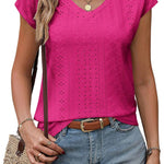 Zeagoo V Neck Eyelet T Shirts Cap Sleeve Tops