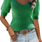 Zeagoo Puff Sleeve Tops Sweater V Neck Short Sleeve Shirts
