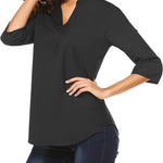 Women's Business Casual V Neck Cuffed Sleeves Work Blouse Top - Zeagoo (Us Only)