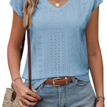 Zeagoo V Neck Eyelet T Shirts Cap Sleeve Tops