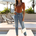 Zeagoo Puff Sleeve Tops Sweater V Neck Short Sleeve Shirts
