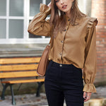 Women Corduroy Shirts Long Sleeve Button Down Shacket Jacket Ruffle Blouses Top S-XXL - Zeagoo (Us Only)