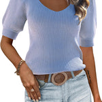 Zeagoo Puff Sleeve Tops Sweater V Neck Short Sleeve Shirts