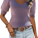 Zeagoo Puff Sleeve Tops Sweater V Neck Short Sleeve Shirts