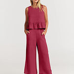 Zeagoo 2 Piece Outfits Sleeveless Ruffle Tank Crop Top and Wide Leg Pants Lounge Set with Pockets