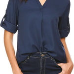 Women's Business Casual V Neck Cuffed Sleeves Work Blouse Top - Zeagoo (Us Only)