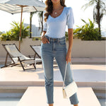 Zeagoo Puff Sleeve Tops Sweater V Neck Short Sleeve Shirts