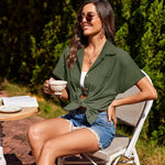Zeagoo Linen Shirts Cotton Short Sleeve V Neck Button Down Blouses
