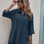 Women Two Piece Outfits Lounge Sets Cotton Long Sleeve Shirts and High Waisted Mini Shorts With Pockets - Zeagoo (Us Only)