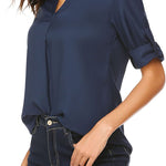 Women's Business Casual V Neck Cuffed Sleeves Work Blouse Top - Zeagoo (Us Only)