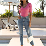 Zeagoo Puff Sleeve Tops Sweater V Neck Short Sleeve Shirts