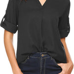 Women's Business Casual V Neck Cuffed Sleeves Work Blouse Top - Zeagoo (Us Only)