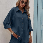 Women Two Piece Outfits Lounge Sets Cotton Long Sleeve Shirts and High Waisted Mini Shorts With Pockets - Zeagoo (Us Only)
