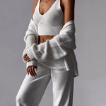 🔥(Limited 2 Days & Lowest Price) Chic V-neck Knitted Three-piece Set Crop Vest and Sweater Cardigan & Solid Wide Leg Pants