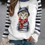 Women's Clothes Cat Print Striped Long Sleeve Sweatshirt