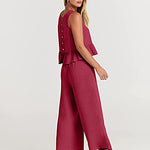 Zeagoo 2 Piece Outfits Sleeveless Ruffle Tank Crop Top and Wide Leg Pants Lounge Set with Pockets