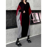 Women's Contrast Panel Loose Batwing Sleeve V Neck Knitted Dress
