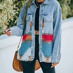 Zeagoo Aztec Lapel Long Sleeve Retro Western Denim Jacket