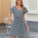 Zeagoo Button Down Flutter Sleeve Cotton Linen Dress with Pockets