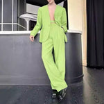Collarless Casual Tie-up Suit Jacket and Slim-fit Trousers Two-piece Set