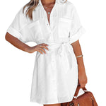 Women's Shirt Dress Button Down V Neck Blouse Short Roll-up Sleeve Tunic Tops with Pockets - Zeagoo (Us Only)
