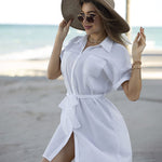 Women's Shirt Dress Button Down V Neck Blouse Short Roll-up Sleeve Tunic Tops with Pockets - Zeagoo (Us Only)