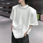 Hand-Beaded Neckline Short-Sleeve Shoulder Pads T-Shirt