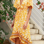 Zeagoo Women's Bohemian Floral Tie Front V Neck Midi Dresses