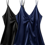 Women's Silk Camisole V Neck Camis Satin Tank Tops Sexy Spaghetti Strap Loose Sleeveless Blouse 2 Packs - Zeagoo (Us Only)