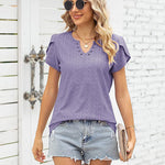 Zeagoo Short Sleeve Tops for Women Casual V Neck T-Shirts Petal Sleeve Shirt Eyelet Pleated Loose Blouses (Us Only)