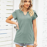 Zeagoo Short Sleeve Tops for Women Casual V Neck T-Shirts Petal Sleeve Shirt Eyelet Pleated Loose Blouses (Us Only)