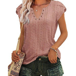 Zeagoo Short Sleeve Tops for Women Casual V Neck T-Shirts Petal Sleeve Shirt Eyelet Pleated Loose Blouses (Us Only)