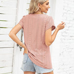 Zeagoo Short Sleeve Tops for Women Casual V Neck T-Shirts Petal Sleeve Shirt Eyelet Pleated Loose Blouses (Us Only)