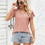 Zeagoo Short Sleeve Tops for Women Casual V Neck T-Shirts Petal Sleeve Shirt Eyelet Pleated Loose Blouses (Us Only)