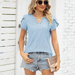 Zeagoo Short Sleeve Tops for Women Casual V Neck T-Shirts Petal Sleeve Shirt Eyelet Pleated Loose Blouses (Us Only)